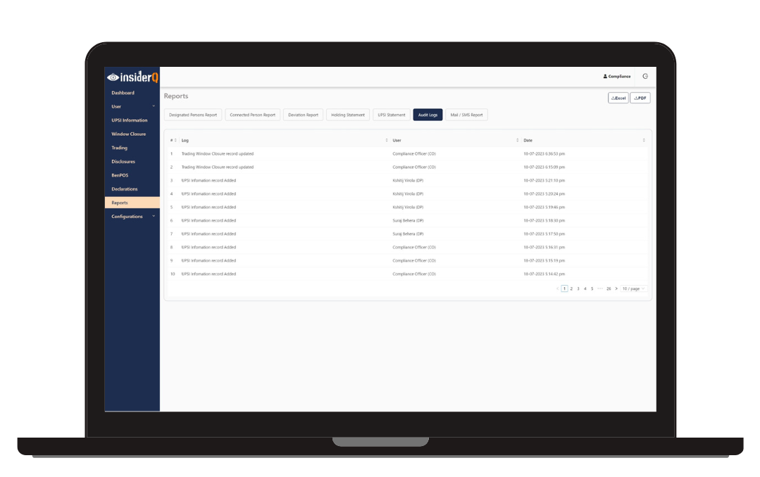 UPSI Report in InsiderQ – Track and manage Unpublished Price Sensitive Information with detailed reporting and compliance insights.